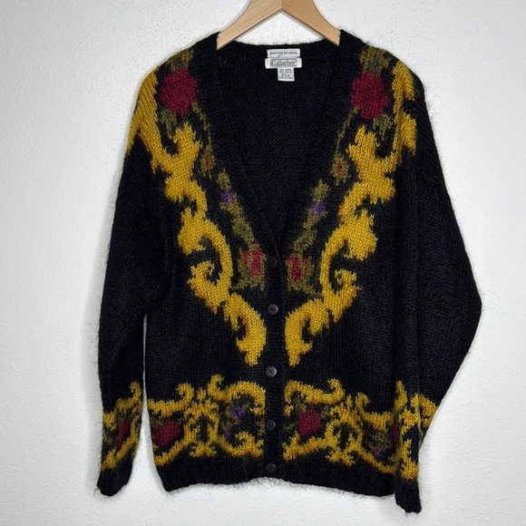 Gallagher knitted by hand Vintage Black and Yellow mohair Cardigan size Large - Picture 2 of 4